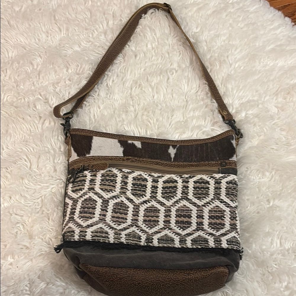 Myra Bag Brown and White Shoulder Bag with Geometric Design
